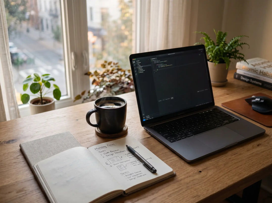 Coffee cup beside laptop during focused morning work session