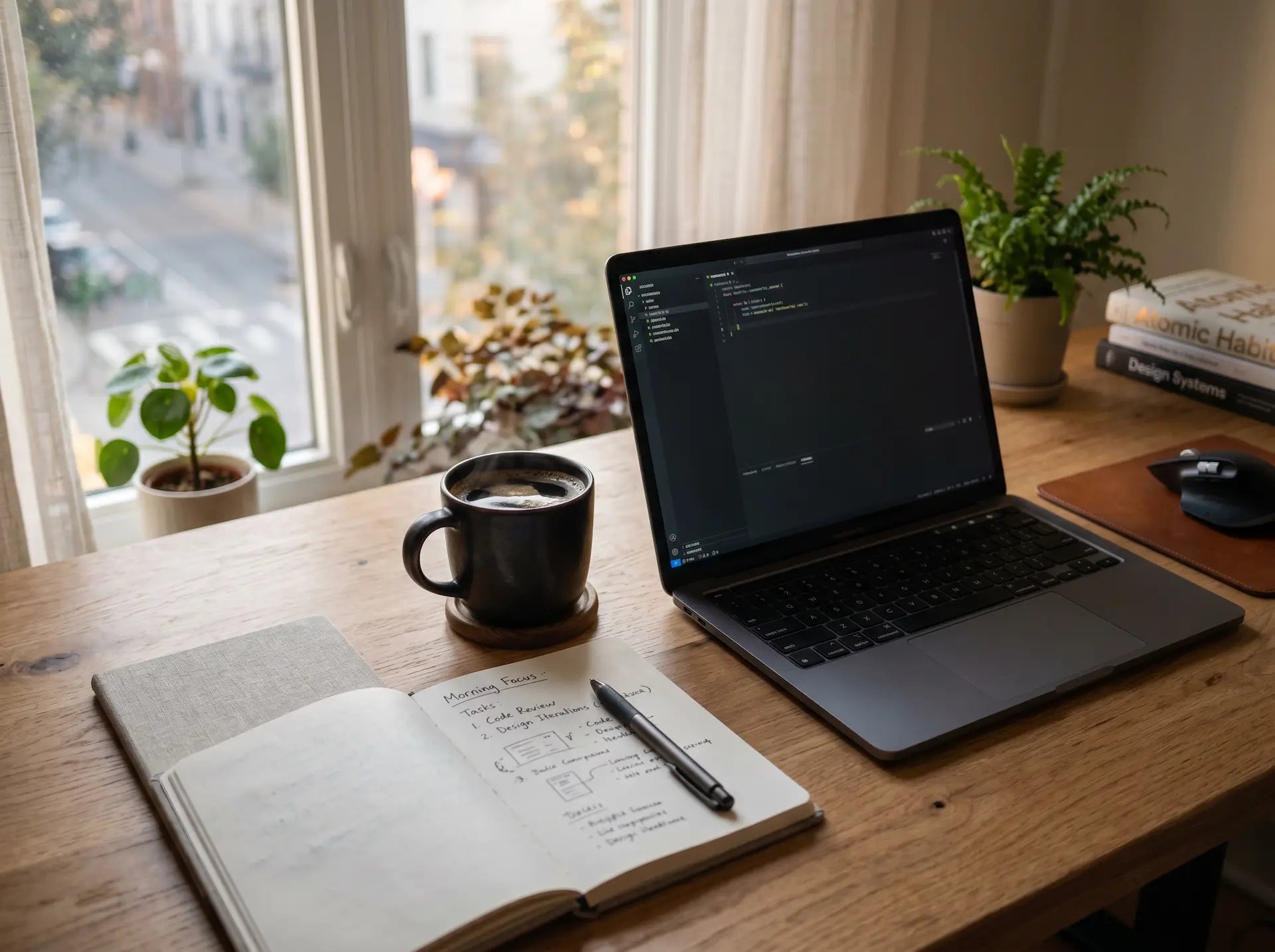 Coffee cup beside laptop during focused morning work session